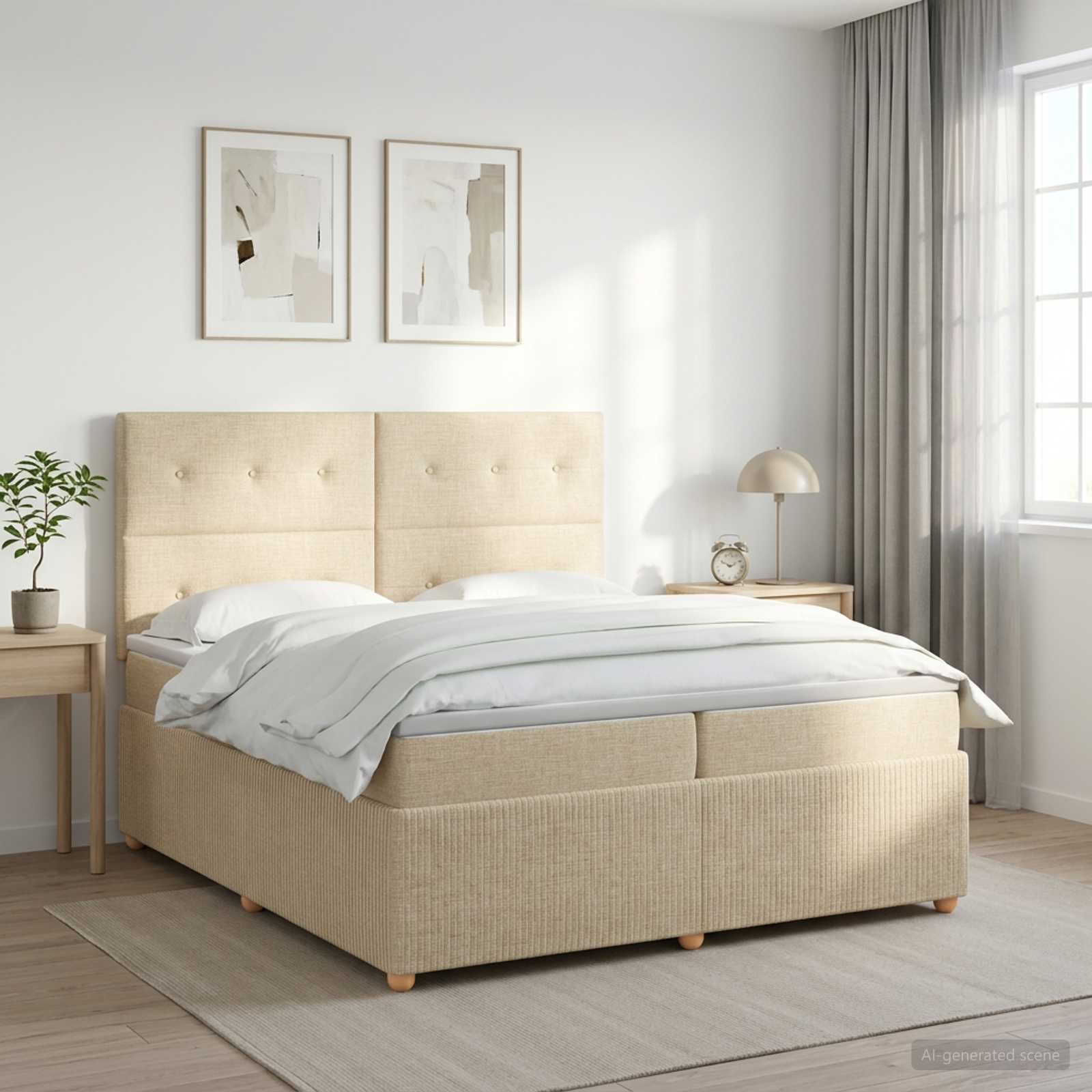 3454478_1.jpg vidaXL Posteľ boxspring s matracom Krémová 200 x 200 cm Látka – Obrázok 1