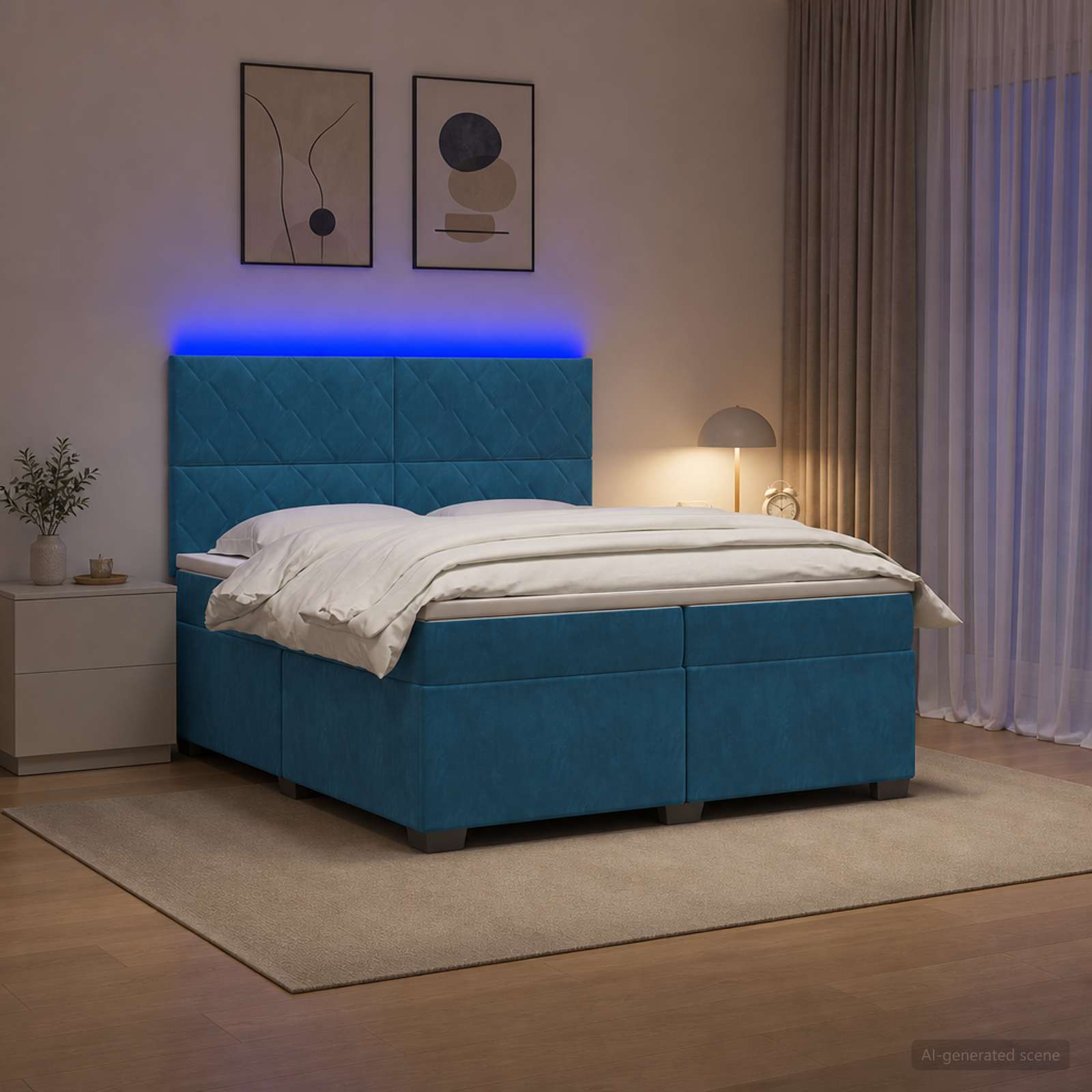 3455184_1.jpg vidaXL Posteľ boxspring s matracom Modrá 200 x 200 cm Zamat – Obrázok 1