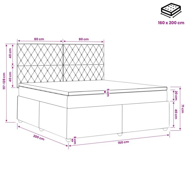 vidaXL LED boxspring posteľ s matracom Svetlosivá 160 x 200 cm Zamat – Obrázok 11