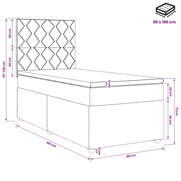 vidaXL LED boxspring posteľ s matracom Svetlosivá 90 x 190 cm Zamat – Obrázok 11