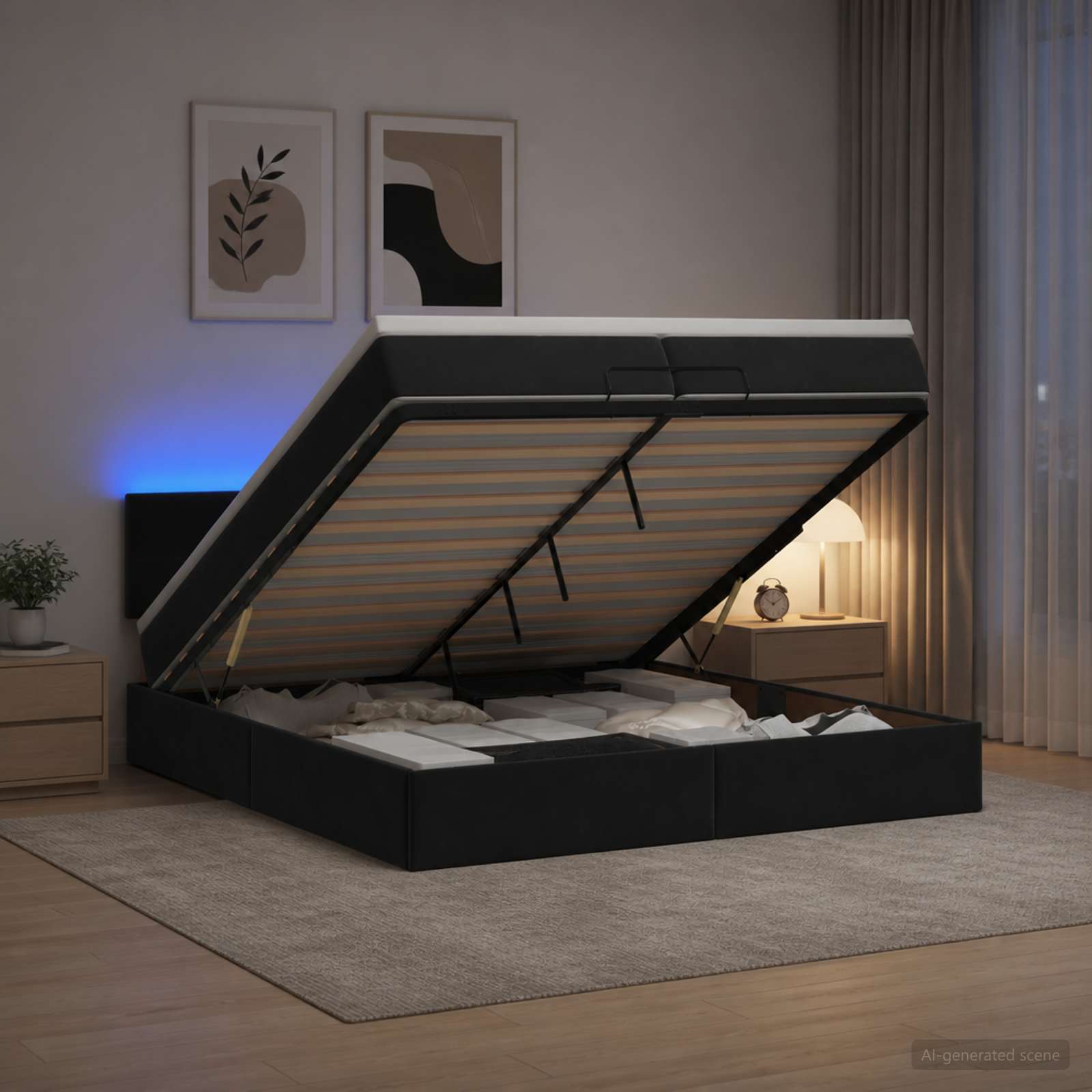 3457163_1.jpg vidaXL Ottoman posteľ s matracom a LED Čierna 200 x 200 cm Zamat – Obrázok 1