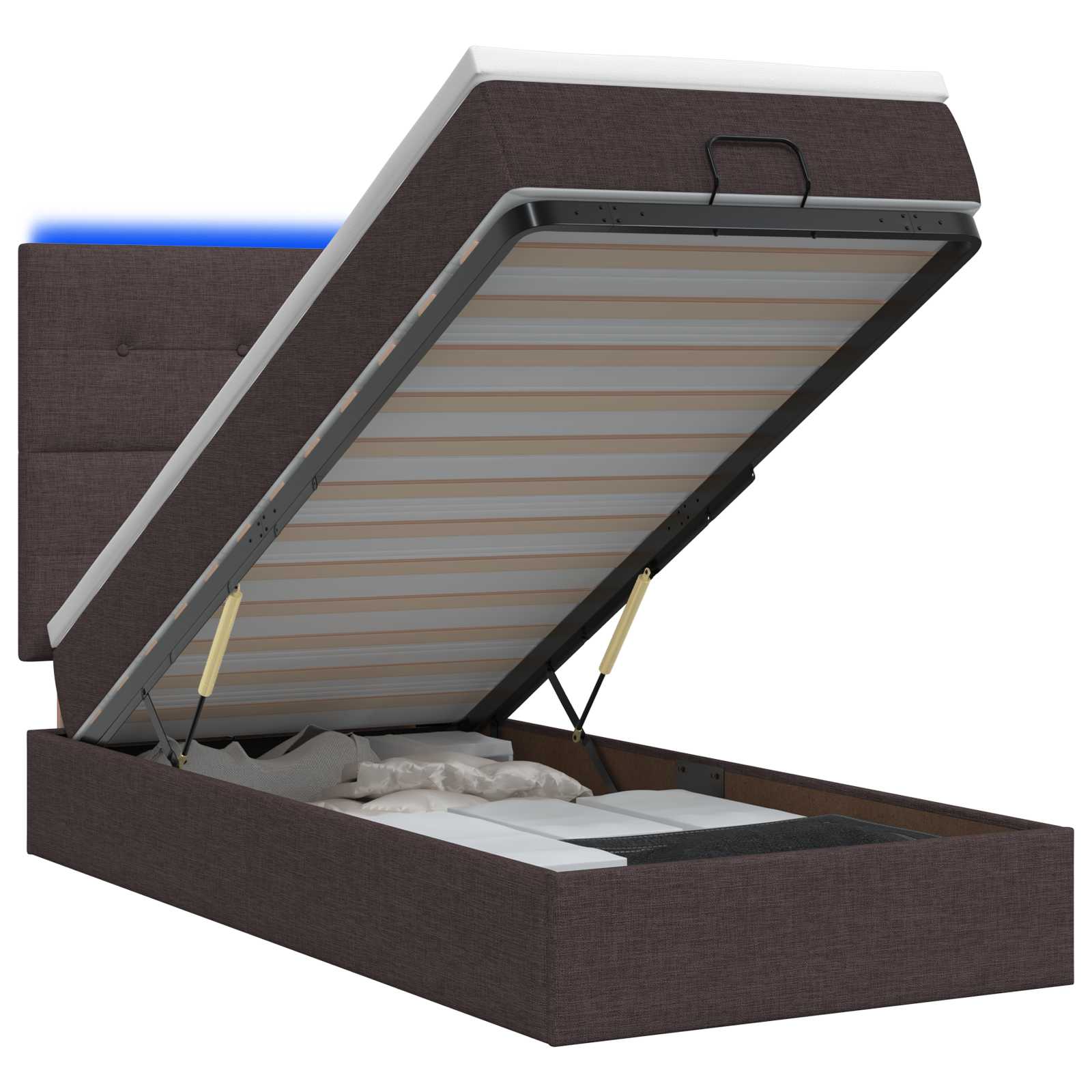 3458044_1.jpg vidaXL Ottoman posteľ s matracom a LED Tmavohnedá 90 x 200 cm Látka – Obrázok 1