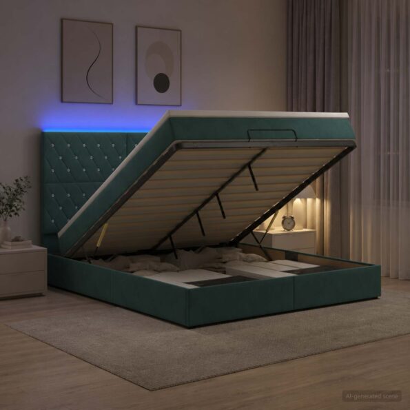 vidaXL Ottoman posteľ s matracom a LED Tmavozelená 140 x 190 cm Zamat – Obrázok 4