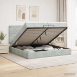 vidaXL Ottoman posteľ s matracom a LED Svetlosivá 200 x 200 cm Zamat