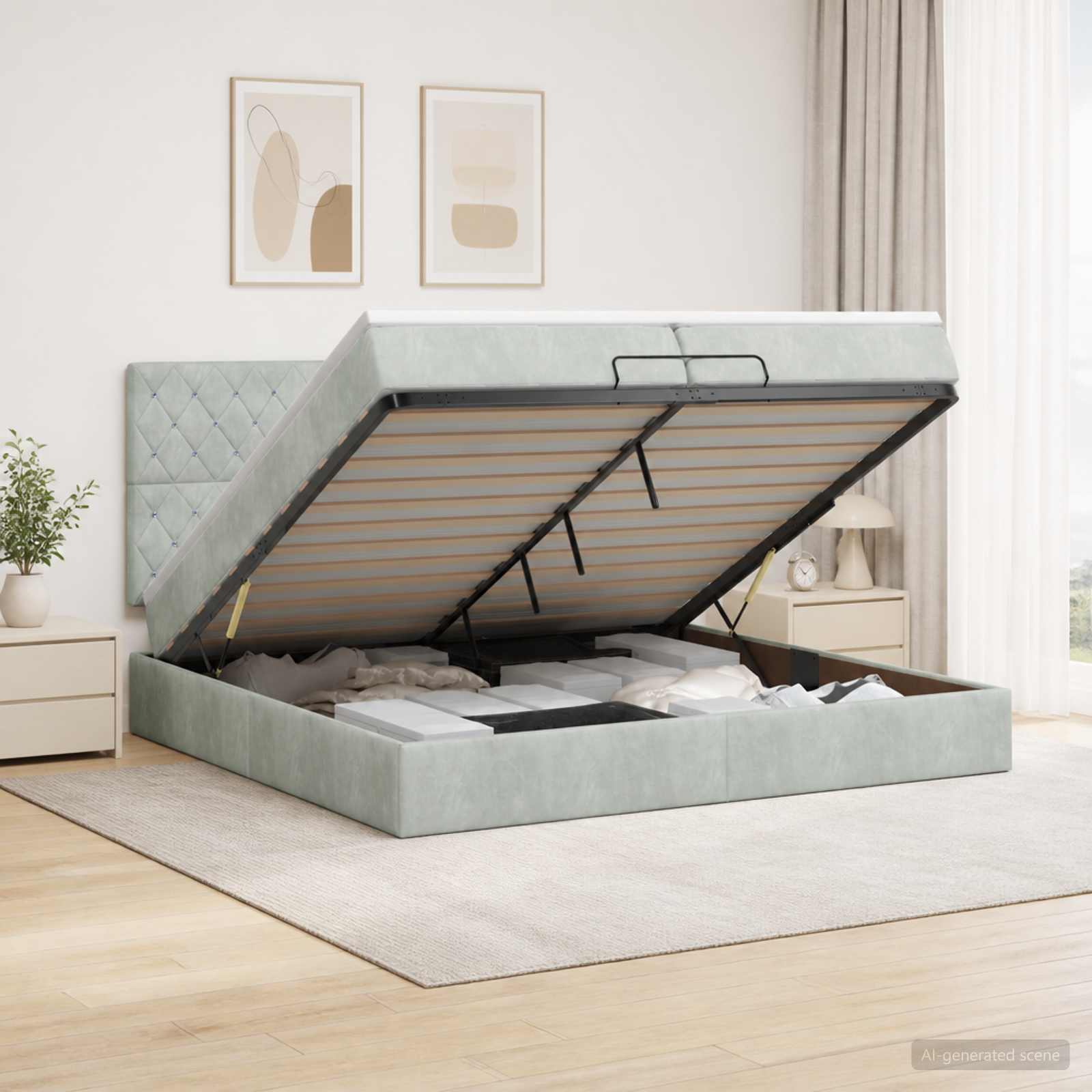 3458253_1.jpg vidaXL Ottoman posteľ s matracom a LED Svetlosivá 200 x 200 cm Zamat – Obrázok 1