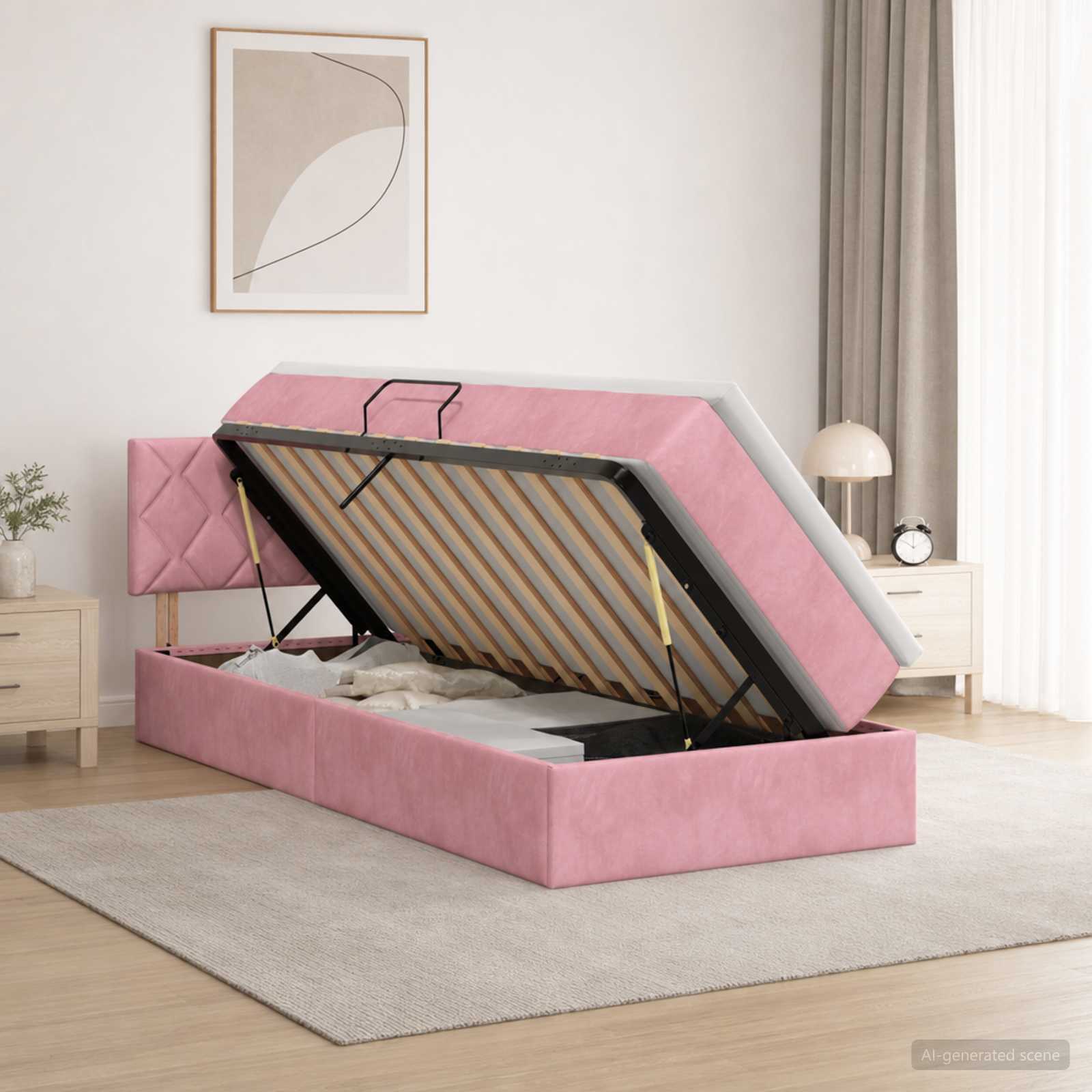 3458852_1.jpg vidaXL Úložná posteľ s čelnou doskou Ružová 100 x 200 cm Zamat – Obrázok 1