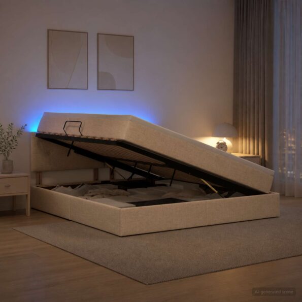 vidaXL LED úložná posteľ s matracom Krémová 160 x 200 cm Látka – Obrázok 12