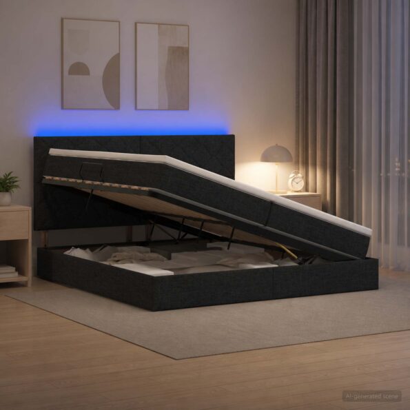 vidaXL LED úložná posteľ s matracom Čierna 200 x 200 cm Látka – Obrázok 4