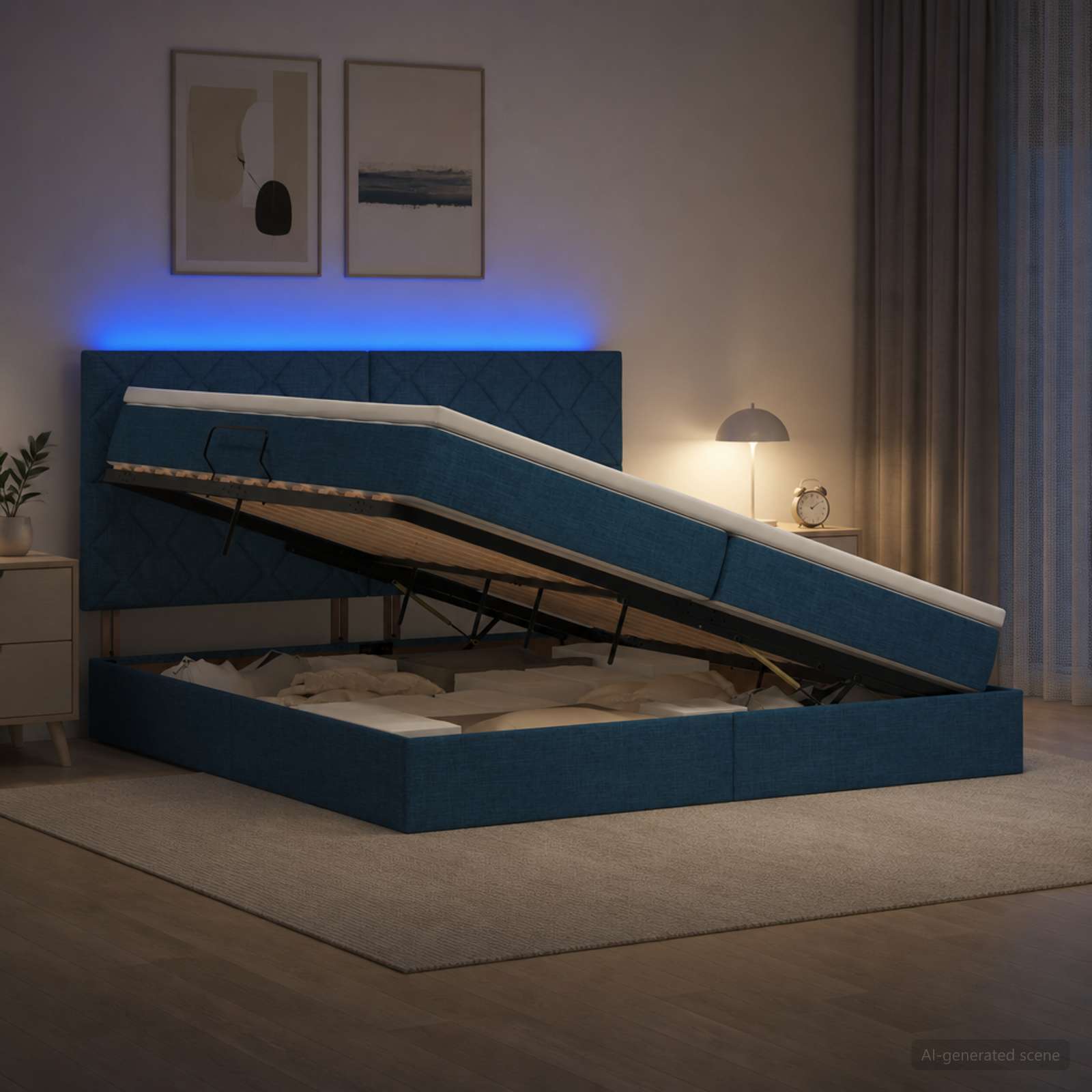3460034_1.jpg vidaXL LED úložná posteľ s matracom Modrá 200 x 200 cm Látka – Obrázok 1
