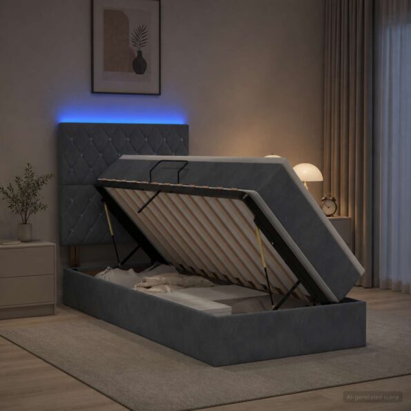 vidaXL LED úložná posteľ s matracom Tmavosivá 90 x 200 cm Zamat – Obrázok 4