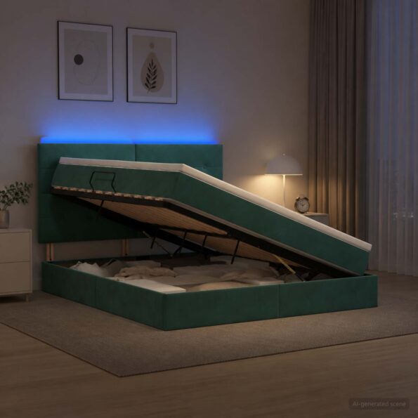 vidaXL LED úložná posteľ s matracom Tmavozelená 160 x 200 cm Zamat – Obrázok 13