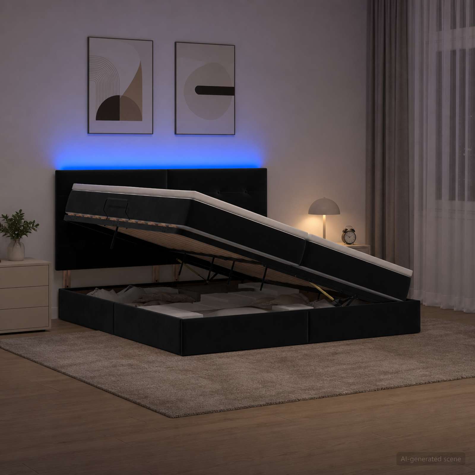 3460154_1.jpg vidaXL LED úložná posteľ s matracom Čierna 200 x 200 cm Zamat – Obrázok 1