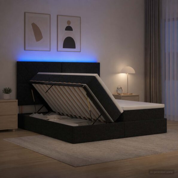vidaXL LED úložná posteľ s matracom Čierna 200 x 200 cm Látka – Obrázok 4