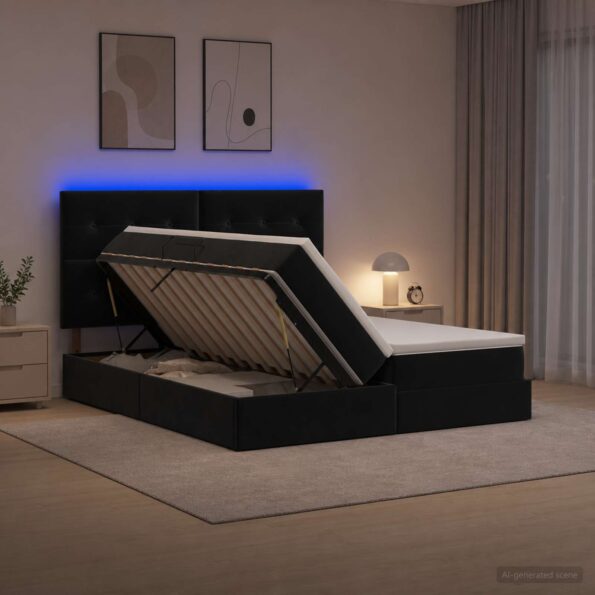 vidaXL LED úložná posteľ s matracom Čierna 200 x 200 cm Zamat – Obrázok 4