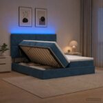 vidaXL LED úložná posteľ s matracom Tmavomodrá 180 x 200 cm Zamat – Obrázok 13