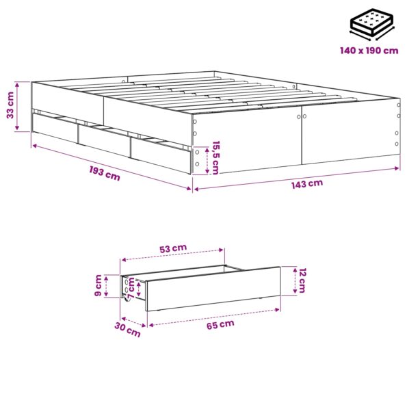 vidaXL Rám postele so skladom Dub artisan 140 x 190 cm – Obrázok 6