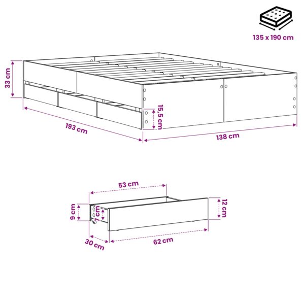 vidaXL Rám postele so skladom Dub artisan 135 x 190 cm – Obrázok 6