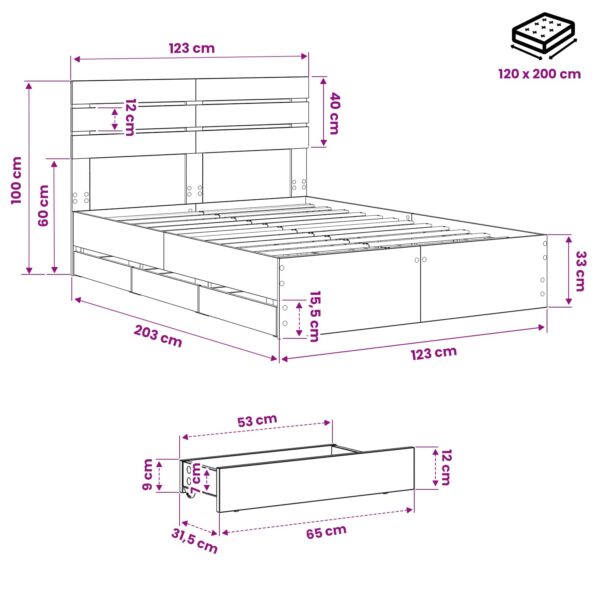 vidaXL Bed Frame with Storage and Headboard Artisan Oak 120 x 200 cm – Obrázok 9