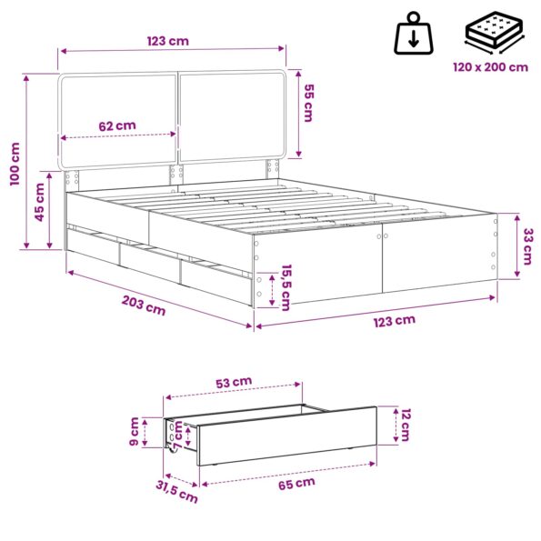 vidaXL Bed Frame with Storage and Headboard Artisan Oak 120 x 200 cm – Obrázok 9