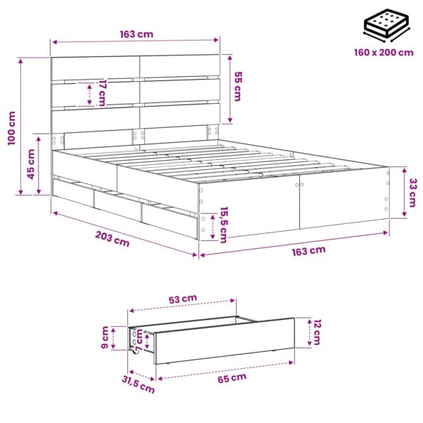 vidaXL Bed Frame with Storage and Headboard Artisan Oak 160 x 200 cm – Obrázok 9