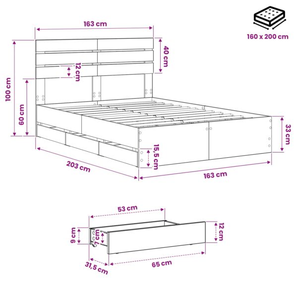 vidaXL Bed Frame with Storage and Headboard Artisan Oak 160 x 200 cm – Obrázok 9
