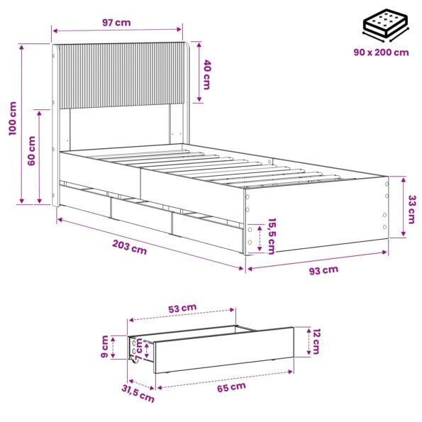 vidaXL Posteľový rám s úložným priestorom a čelom Artisan Oak – Obrázok 9