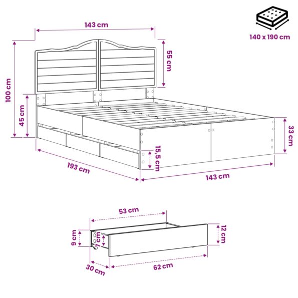 vidaXL Bed Frame with Storage and Headboard Artisan Oak 140 x 190 cm – Obrázok 9