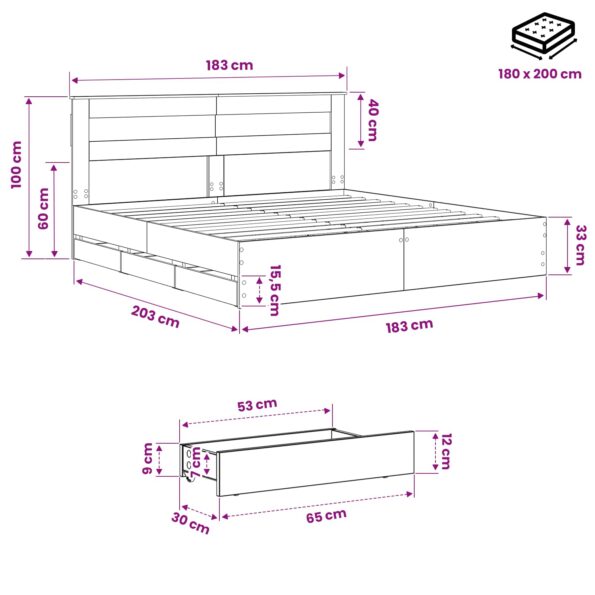vidaXL Bed Frame with Storage and Headboard Artisan Oak 180 x 200 cm – Obrázok 9