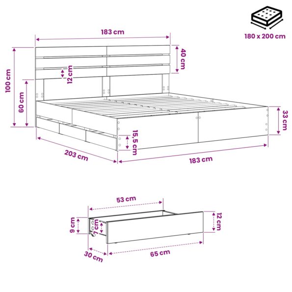 vidaXL Bed Frame with Storage and Headboard Artisan Oak 180 x 200 cm – Obrázok 9
