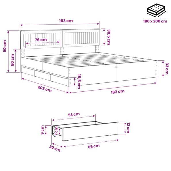 vidaXL Bed Frame with Storage and Headboard Artisan Oak 180 x 200 cm – Obrázok 9