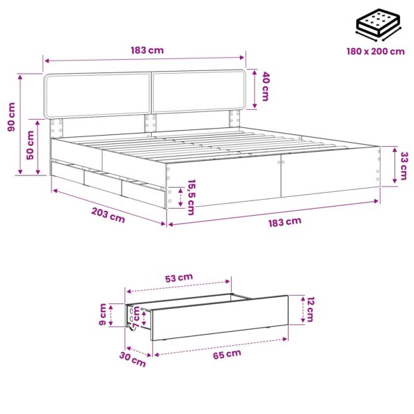 vidaXL Bed Frame with Storage and Headboard Artisan Oak 180 x 200 cm – Obrázok 9