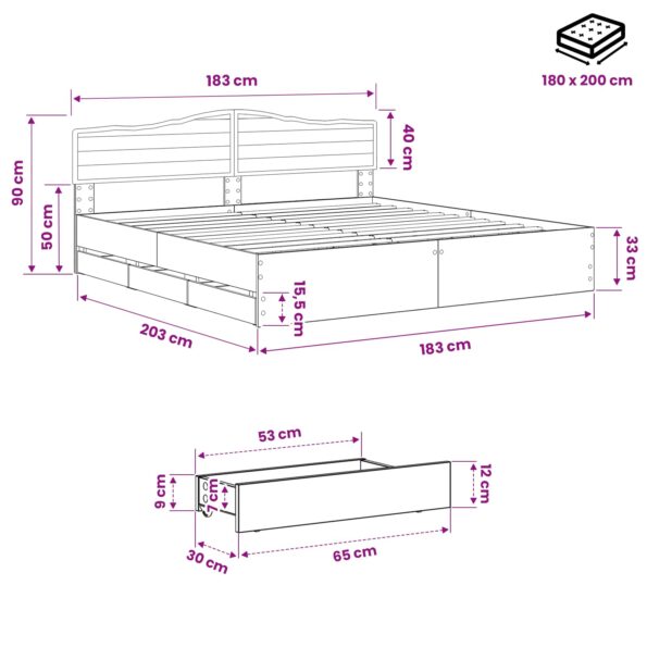 vidaXL Bed Frame with Storage and Headboard Artisan Oak 180 x 200 cm – Obrázok 9