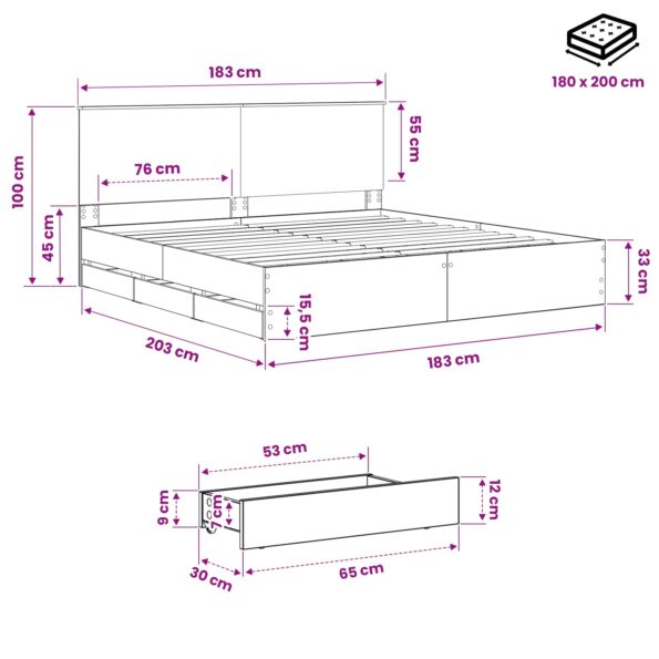 vidaXL Bed Frame with Storage and Headboard Artisan Oak 180 x 200 cm – Obrázok 9