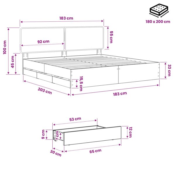 vidaXL Bed Frame with Storage and Headboard Artisan Oak 180 x 200 cm – Obrázok 9