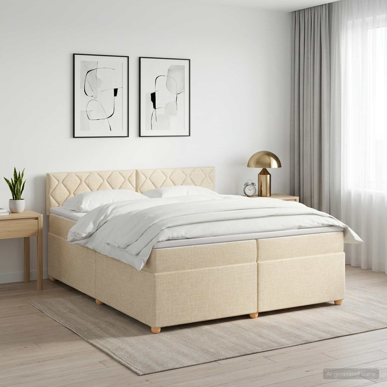 3451047_1.jpg vidaXL Posteľ boxspring s matracom Krémová 200 x 200 cm Látka – Obrázok 1