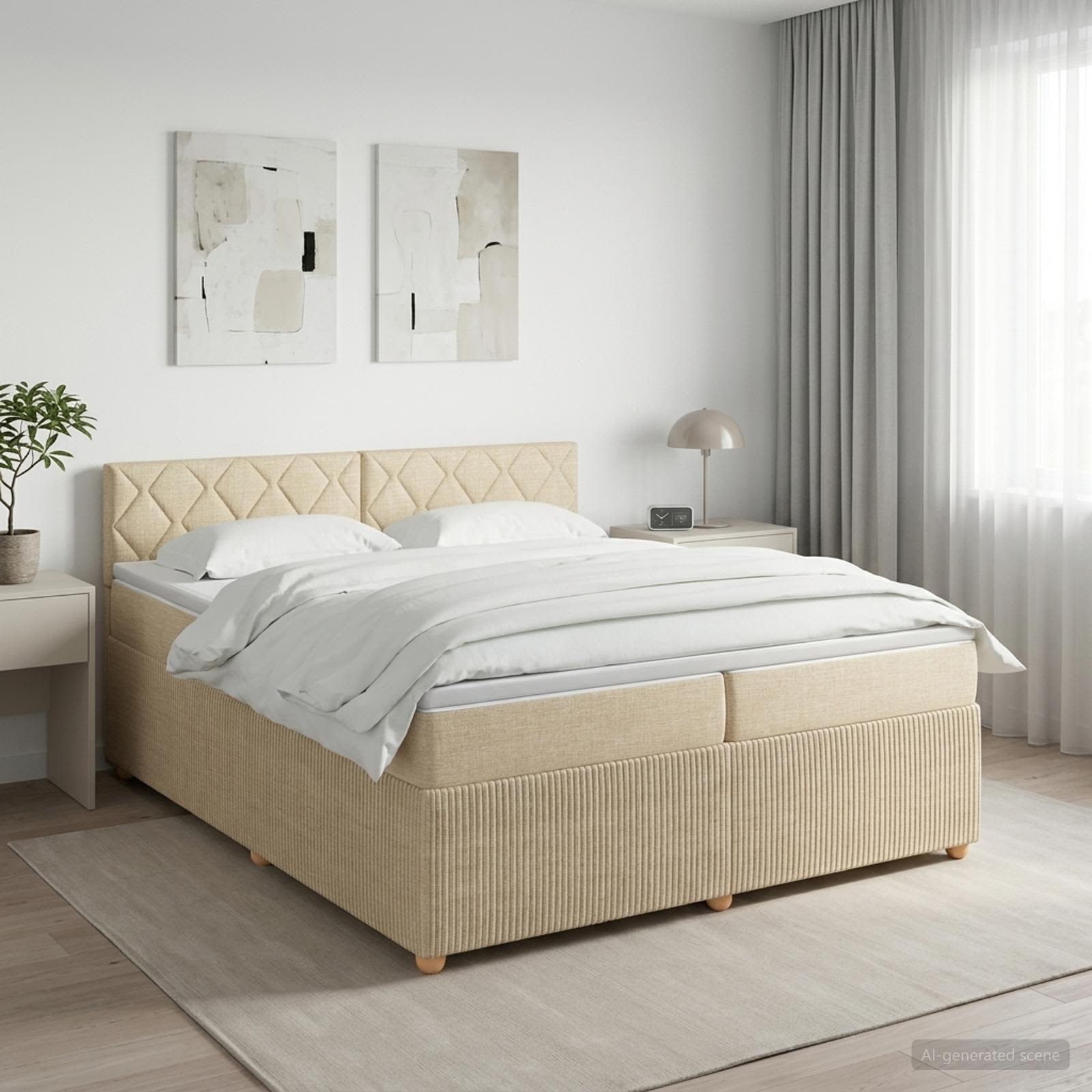 3451557_1.jpg vidaXL Posteľ boxspring s matracom Krémová 200 x 200 cm Látka – Obrázok 1