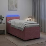 vidaXL Posteľ s boxspringom a matracom a LED Ružová 90 x 200 cm Zamat – Obrázok 4