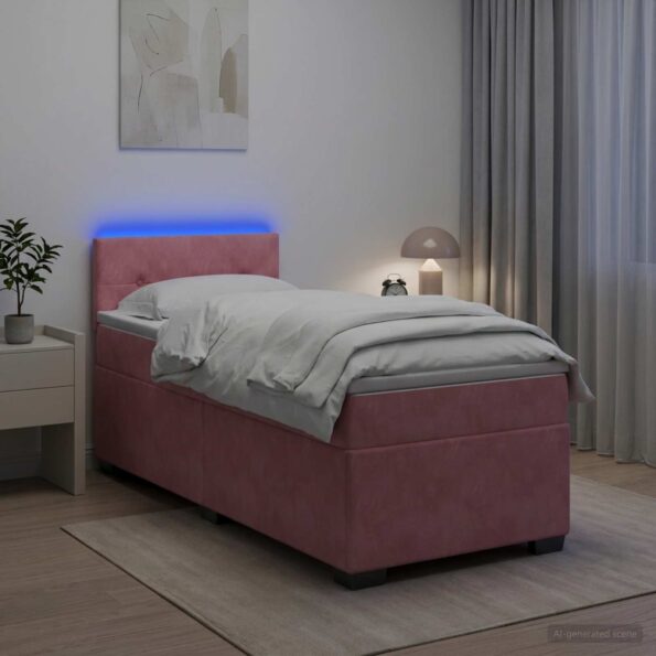 vidaXL Posteľ s boxspringom a matracom a LED Ružová 90 x 200 cm Zamat – Obrázok 4