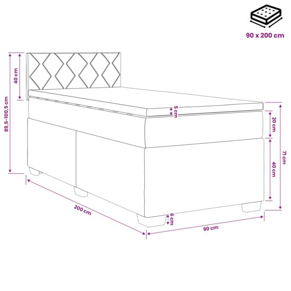vidaXL Posteľ s boxspringom a matracom a LED Modrá 90 x 200 cm Zamat – Obrázok 11