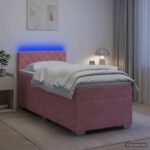 vidaXL Posteľ s boxspringom a matracom a LED Ružová 100 x 200 cm Zamat – Obrázok 4
