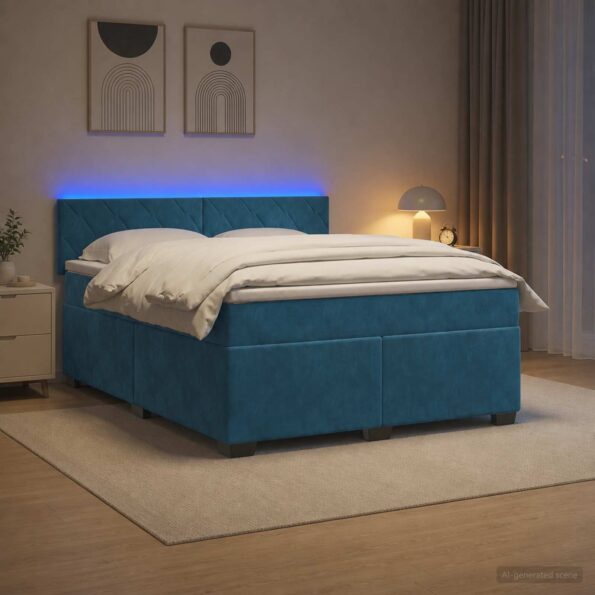 vidaXL Posteľ s boxspringom a matracom a LED Modrá 140 x 190 cm Zamat – Obrázok 4