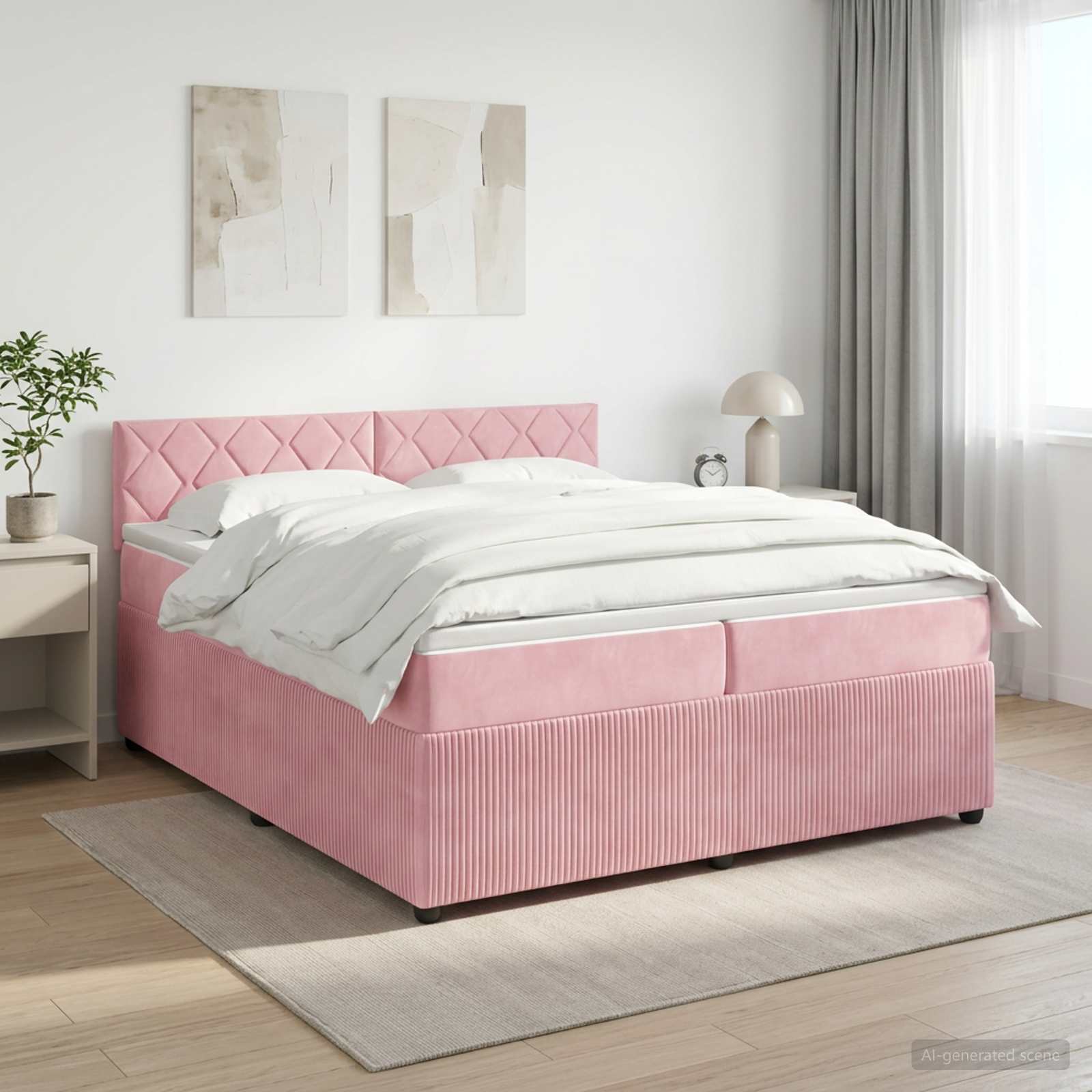 3453220_1.jpg vidaXL Posteľ boxspring s matracom Ružová 200 x 200 cm Zamat – Obrázok 1