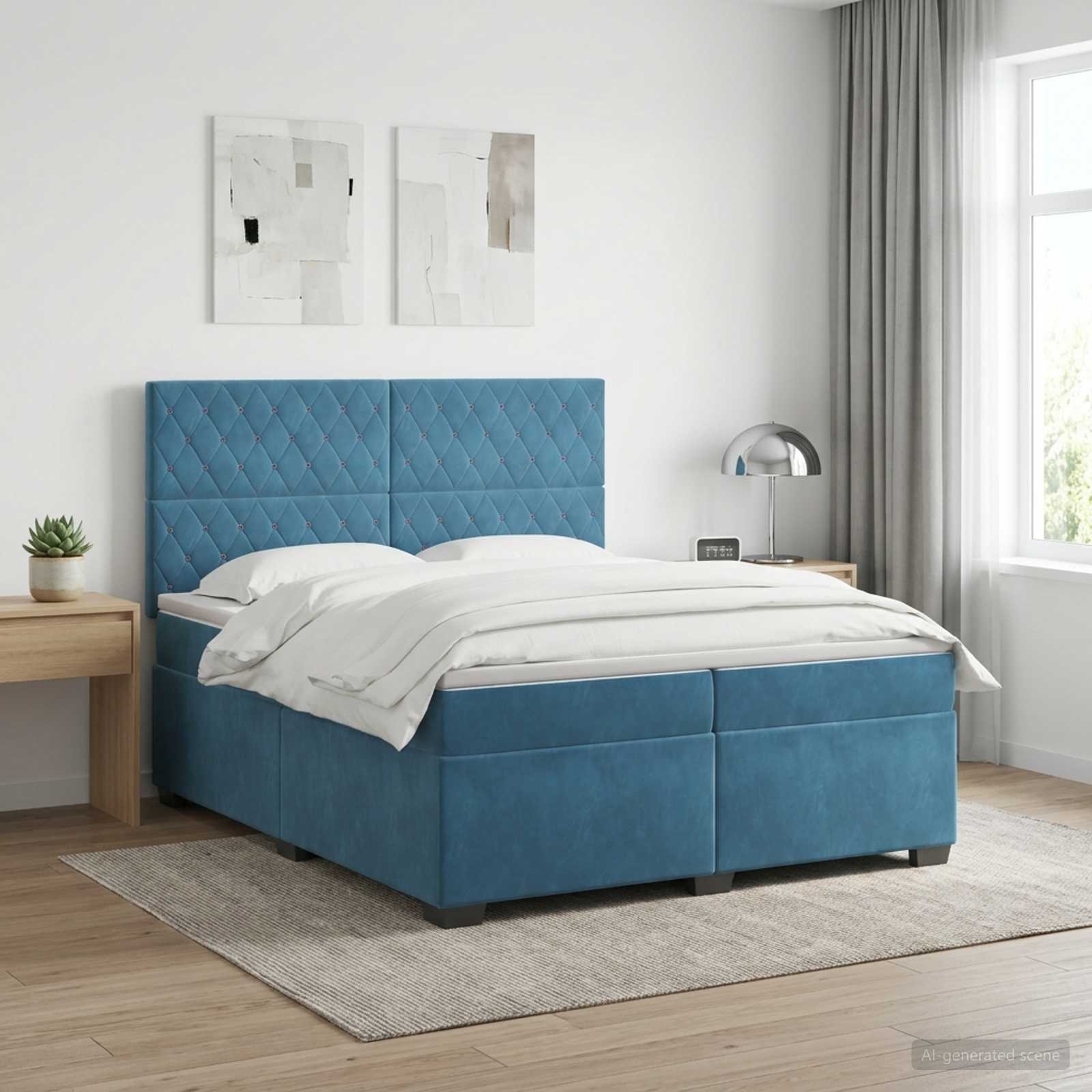 3453708_1.jpg vidaXL Posteľ boxspring s matracom Modrá 200 x 200 cm Zamat – Obrázok 1
