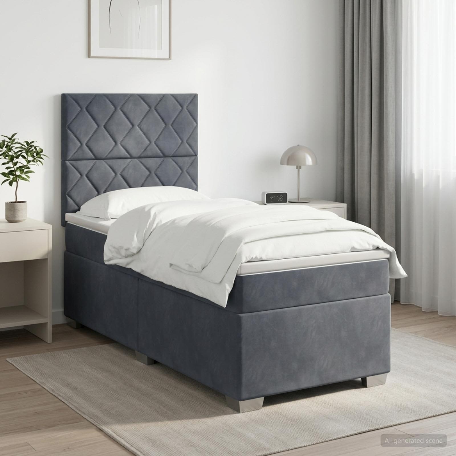3453727_1.jpg vidaXL Posteľ boxspring s matracom Tmavosivá Jednoduchý Zamat – Obrázok 1