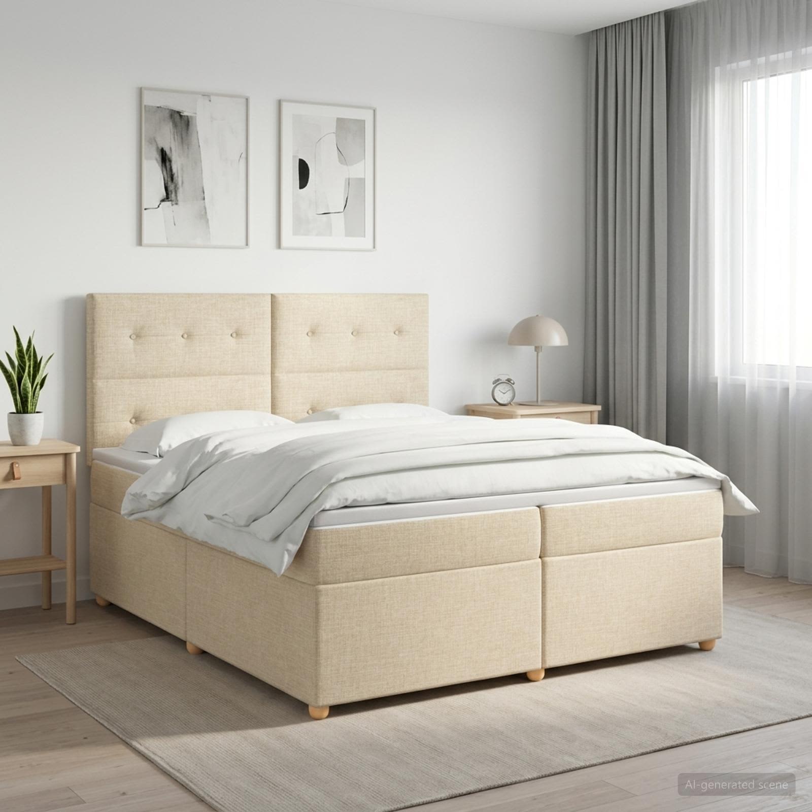 3453968_1.jpg vidaXL Posteľ boxspring s matracom Krémová 200 x 200 cm Látka – Obrázok 1