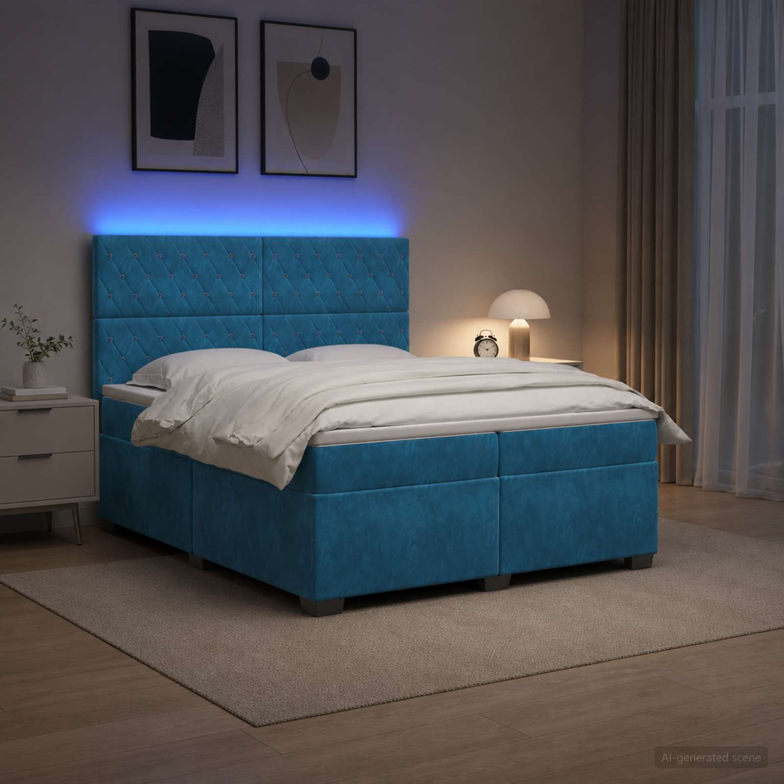 3455172_1.jpg vidaXL Posteľ boxspring s matracom Modrá 200 x 200 cm Zamat – Obrázok 1