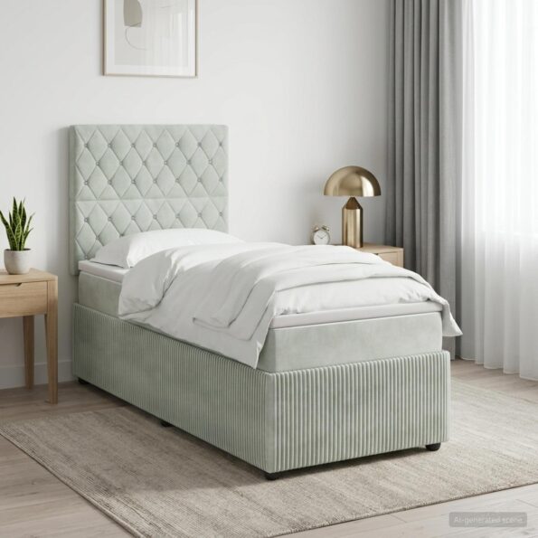 vidaXL LED boxspring posteľ s matracom Svetlosivá 90 x 190 cm Zamat – Obrázok 4