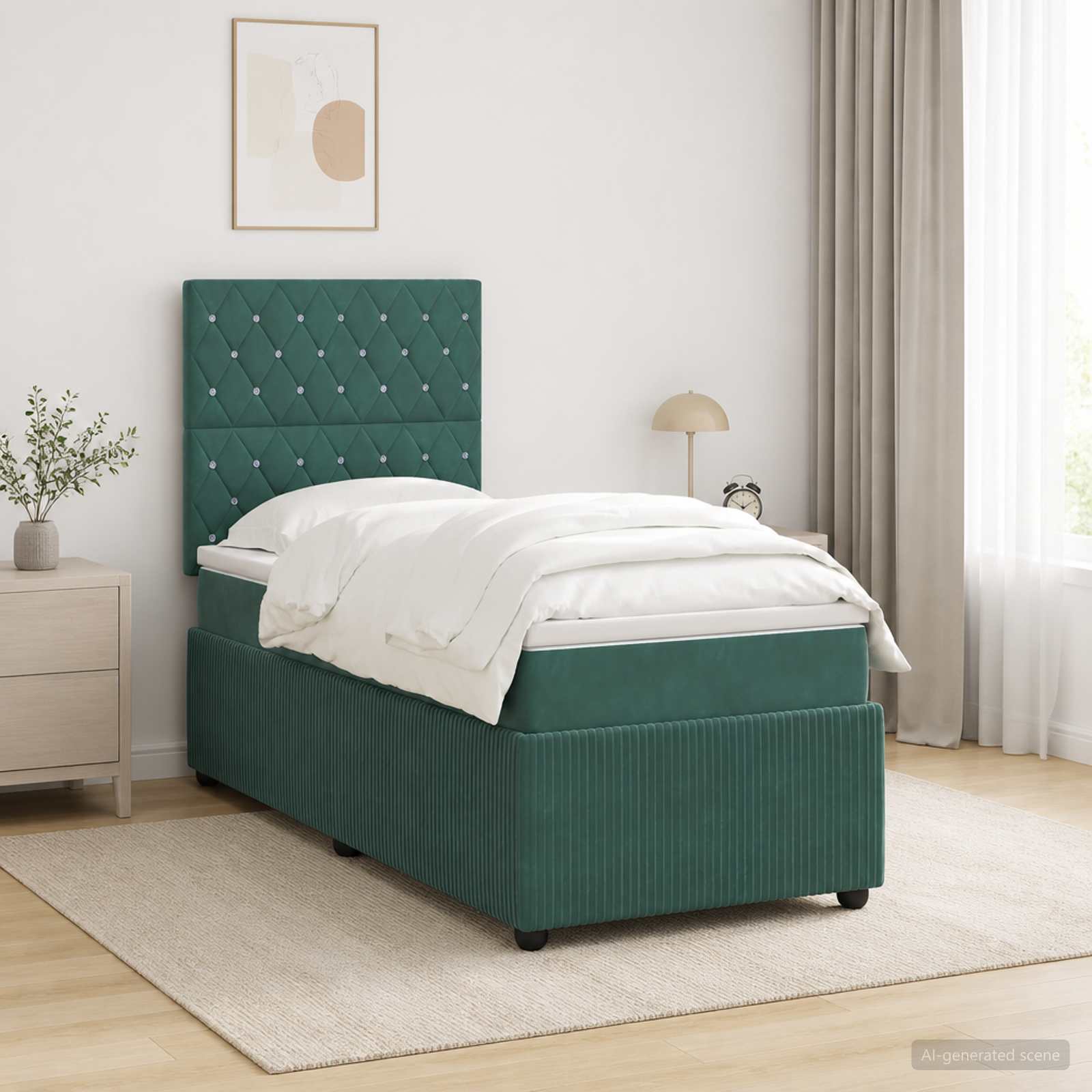 3455972_1.jpg vidaXL LED boxspring posteľ s matracom Tmavozelená 90 x 190 cm Zamat – Obrázok 1