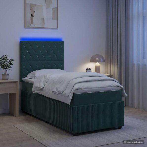 vidaXL LED boxspring posteľ s matracom Tmavozelená 90 x 190 cm Zamat – Obrázok 4