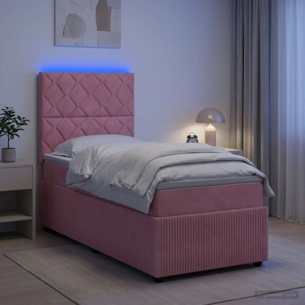 vidaXL LED boxspring posteľ s matracom Ružová 100 x 200 cm Zamat – Obrázok 4